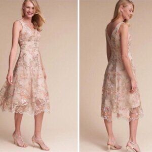 Hitherto BHLDN Eloizia Floral Embroidered Beige Dress Knee Length Size 4 Women's